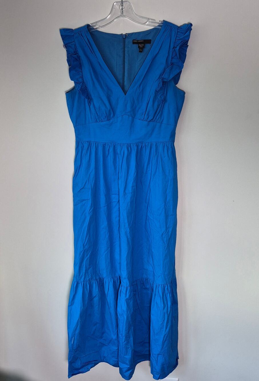 Maggy London V Neck Ruffle Sleeveless Maxi Dress Blue Cottagecore Sz 8 A0095
